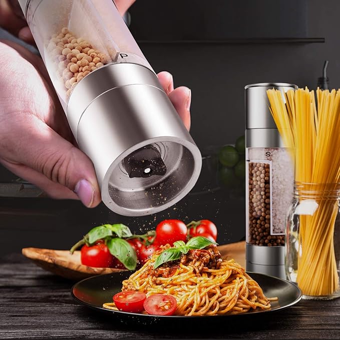 Mixoo Salt and Pepper Grinder - 2 in 1 Manual Stainless Steel Salt Pepper Mill Herb Spice Grinder Shakers Refillable with Adjustable Coarseness Ceramic Rotor and Dual Clear Acrylic Chamber