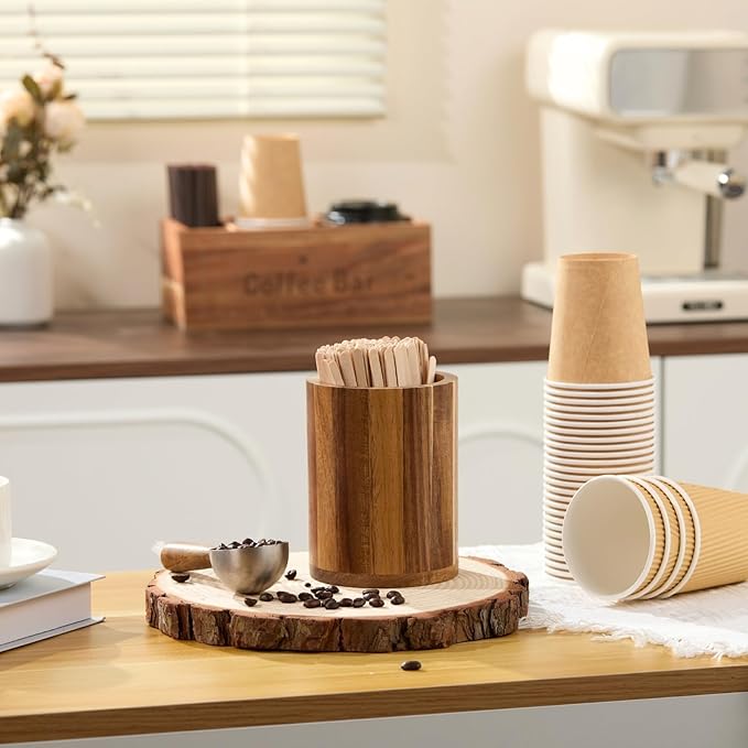 Acacia Wood Coffee Stirrer Holder Set with 100 Disposable Stir Sticks, Wooden Bar Accessories for Milk Cocktail Tea Drinks Straws, Organizer for Station Countertop