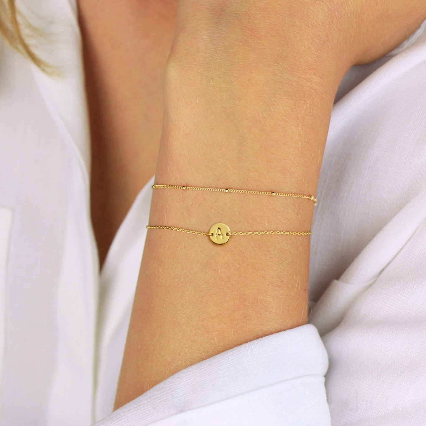 MONOZO Gold Bracelets for Women Jewelry Gifts Trendy, Dainty 14K Gold Plated Layered Beaded K Letter Initial Bracelet Personalized Disc Monogram Charm Letter Initial Bracelets for Women Birthday Gifts