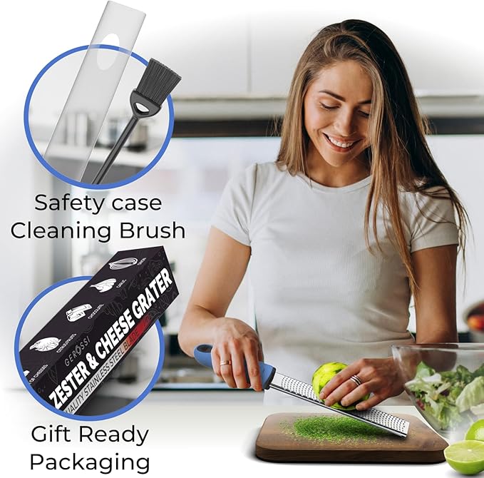 Stainless Steel Cheese Grater & Lemon Zester w/Extra Sharp Blade - Perfect for Lemon, Parmesan, Garlic, Chocolate - Spice Up any Dish in Seconds w/Your Premium Citrus Hand Grater with Handle - Blue
