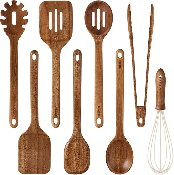 CAROTE Wooden Kitchen Utensils Set, Acacia Wood 8pcs Cooking Utensil Set for Nonstick Cookware, Long-lasting Wooden Spoons for Cooking, Spatula, Turner