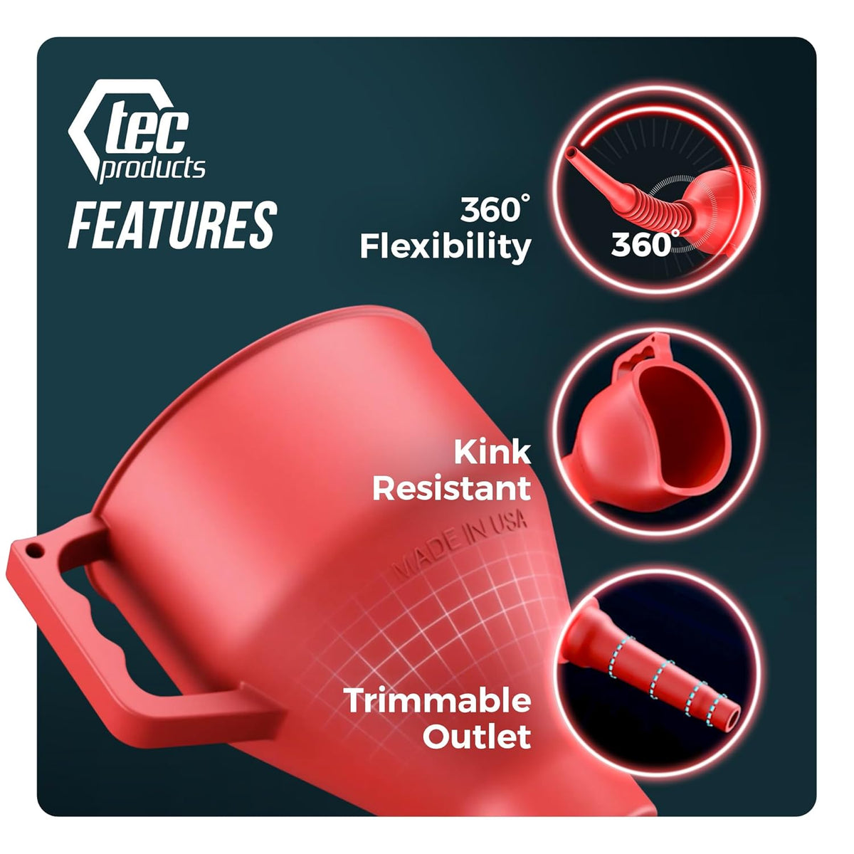 FlexAll Long Flexible Funnel for Automotive Use - Durable Nitrile Rubber - Ideal for Car Oil Change, Transmission Funnel Fluid, Diesel, Fuel, Gas - Made in USA - Red (16 x 5 Inches)