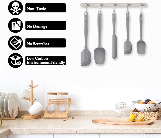 HOTEC 600℉ Heat Resistant BPA-Free Silicone Rubber Spatula Set,Kitchen Cooking Spatulas, Baking, Mixing for Non Stick Cookware, Dishwasher Safe, Set of 5 Grey