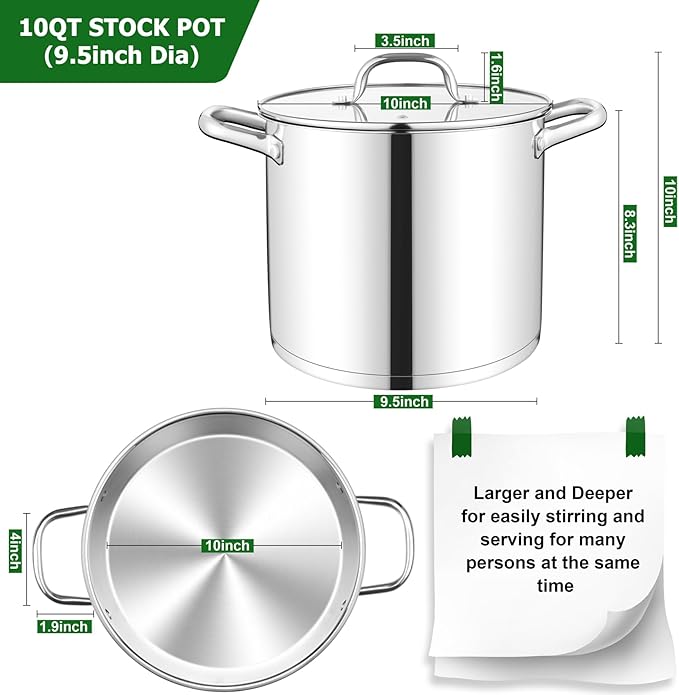 TeamFar 10QT Stock Pot, Stainless Steel Large Soup Cooking Pot & Lid with Tri-ply Bottom for Cooking/Boiling/Stewing, for Induction/Gas/Ceramic, Healthy & Heavy-Duty, Riveted Handles & Dishwasher Safe