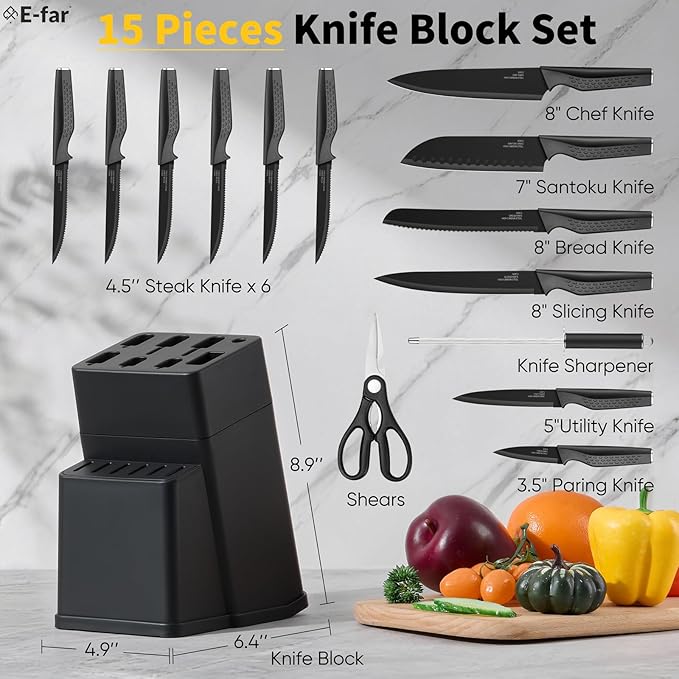 E-far Knife Set, 15-Piece Kitchen Knife Block Set with Sharpener, High Carbon Steel Chef Paring Steak Knives with Ergonomic Non-Slip Handle, Anti-Rust & Razor Sharp, Black