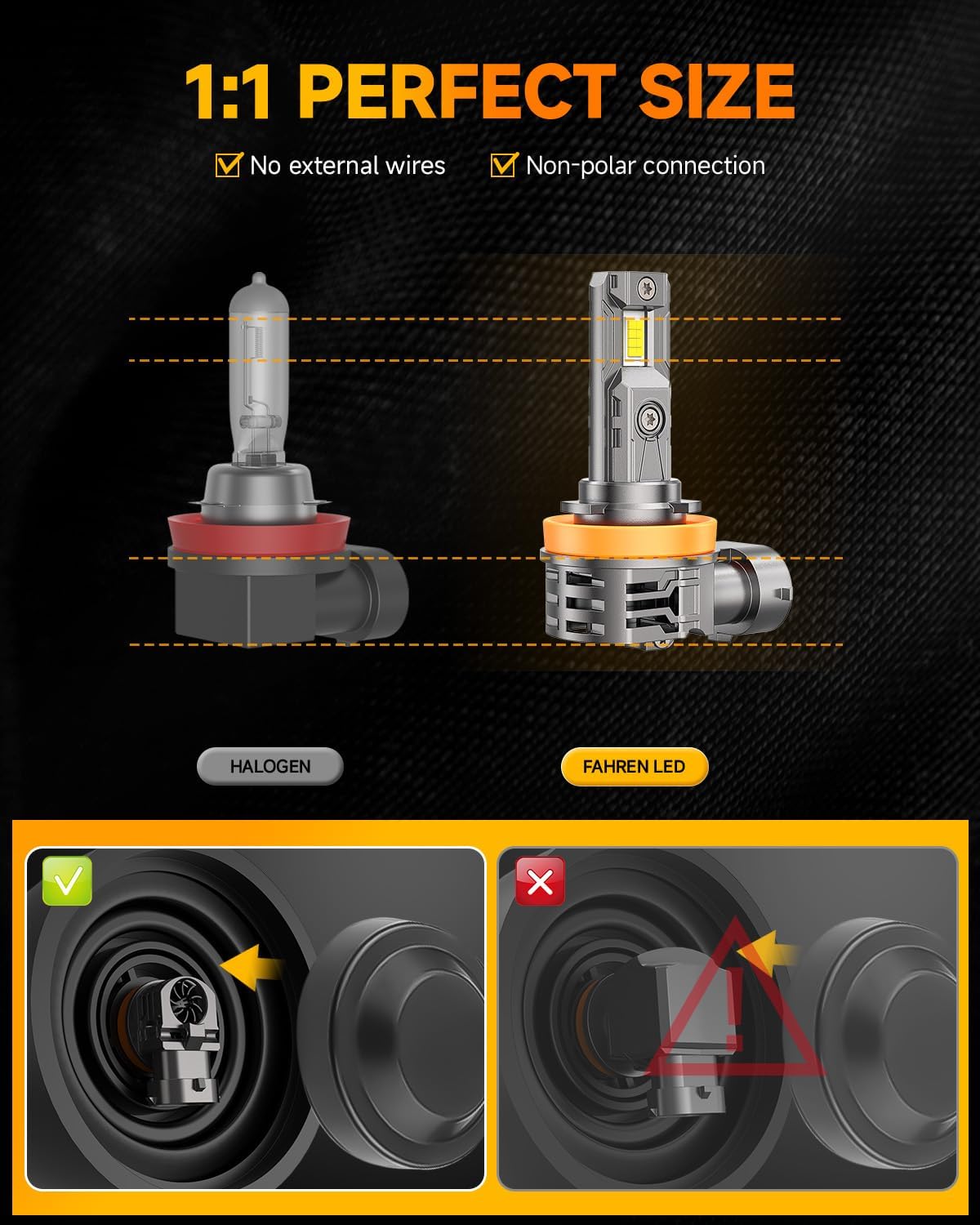 FAHREN H11/H9/H8 light Bulb, [Upgraded & Brightest] 𝟒𝟔𝟎𝟎𝟎𝐋𝐌 𝟗𝟎𝟎% Super Bright Bulb 1:1 Mini Size No Adapter Required,6500K White, Non-Polarity Plug and Play H11 Fog light bulbs, Pack of 2