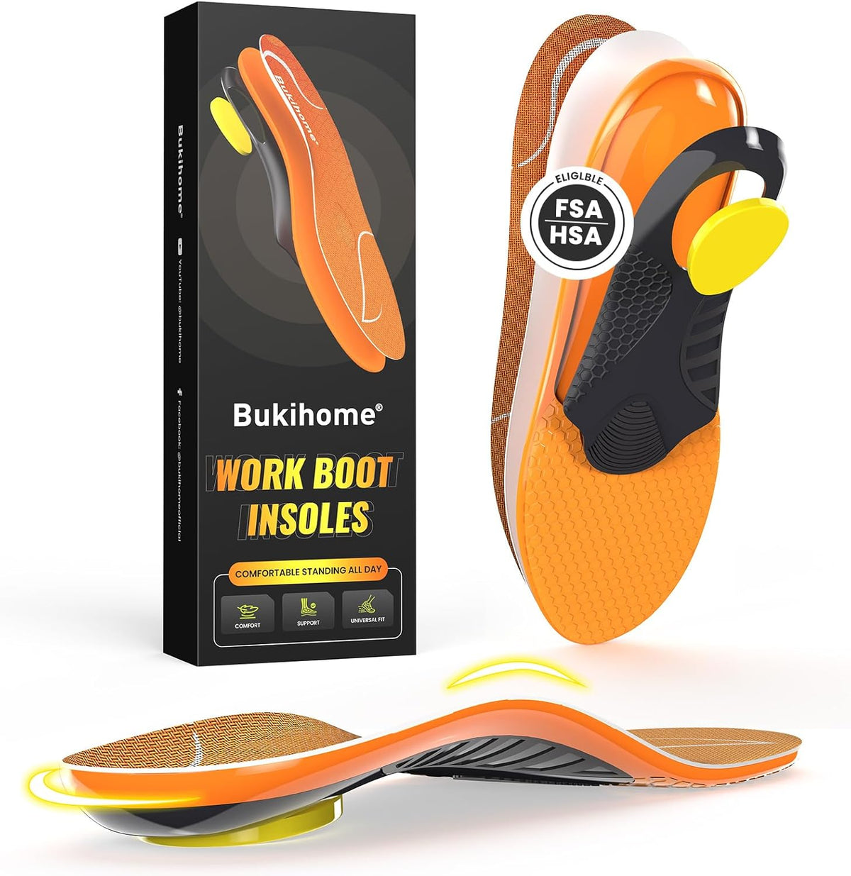 Bukihome Work Boot Insoles for Construction & Standing All Day - Heavy Duty Orthotic Shoe Inserts with Shock Absorption, Arch Support & Fatigue Reduction Durable Support Fits Work Boots -XL