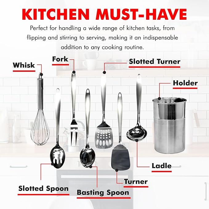 Chef Craft - 8 Piece Stainless Steel Kitchen Utensils Set with Utensil Holder