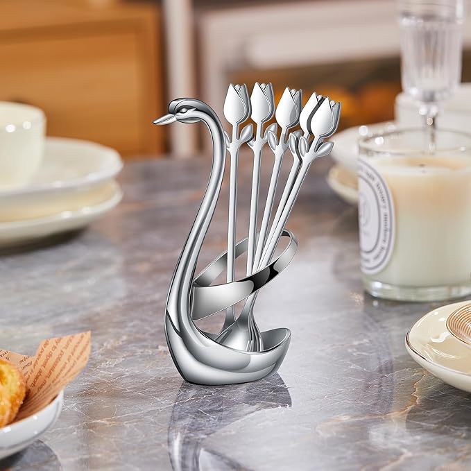 Silver Small Coffee Spoon Holder Set,Swan Base With 12 Pcs Demitasse Espresso Spoons Set,6" Mini Tulip/Rose Dessert Spoon,Stainless Steel Tea Spoons