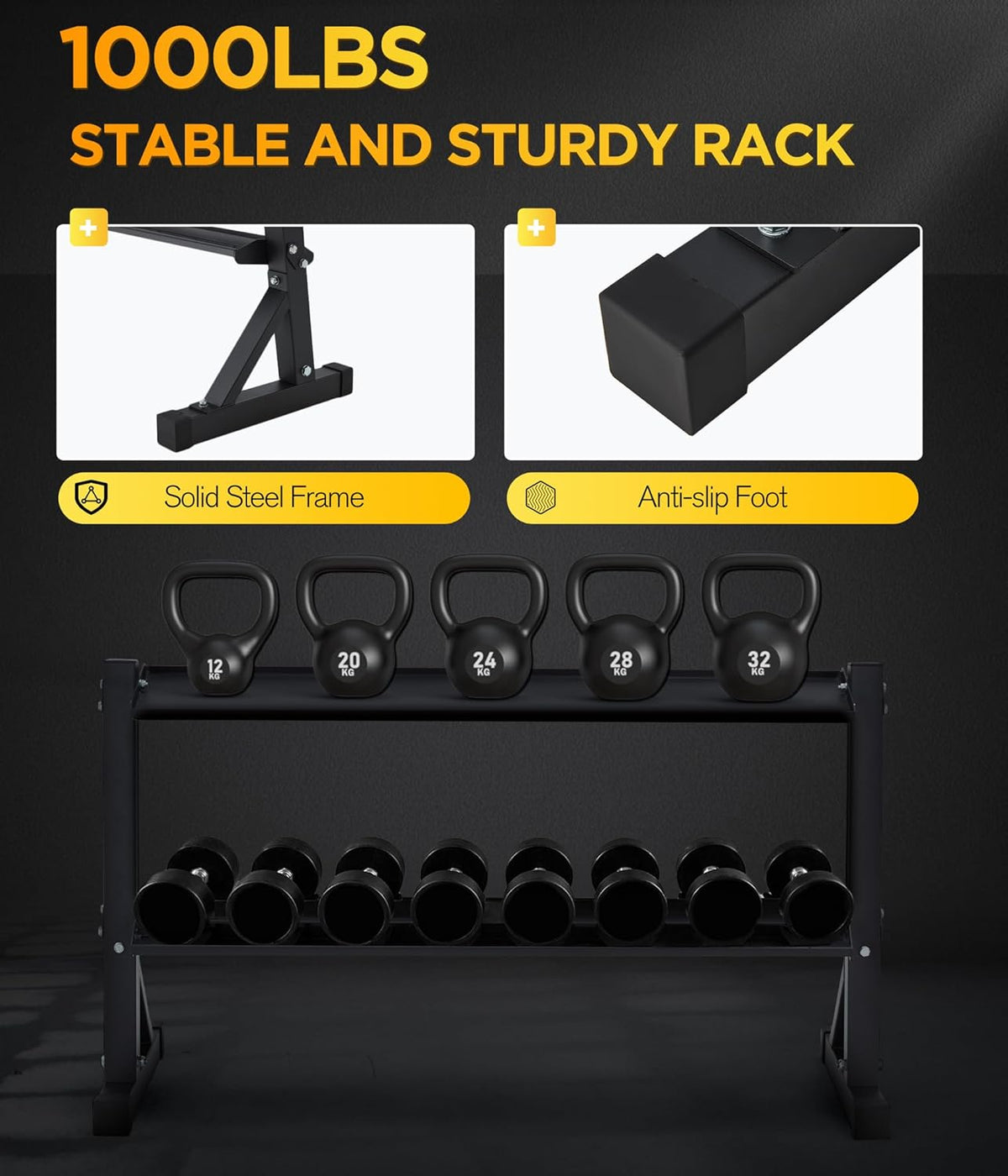 2-Tier 48" Dumbbell and Kettlebell Rack for Home Gym, 1000LBS Weights Storage for Free Weights, Dumbbells, Kettlebells and Medicine Ball