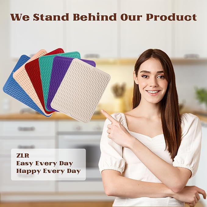 ZLR Silicone Dish Drying Mat & Heat Resistant Trivet (12" x 16") - Waterproof Counter Protector for Air Fryer, Coffee Maker - Non-Slip, BPA Free Kitchen Pad, Easy Clean Dishwasher Safe (Peach Pink)