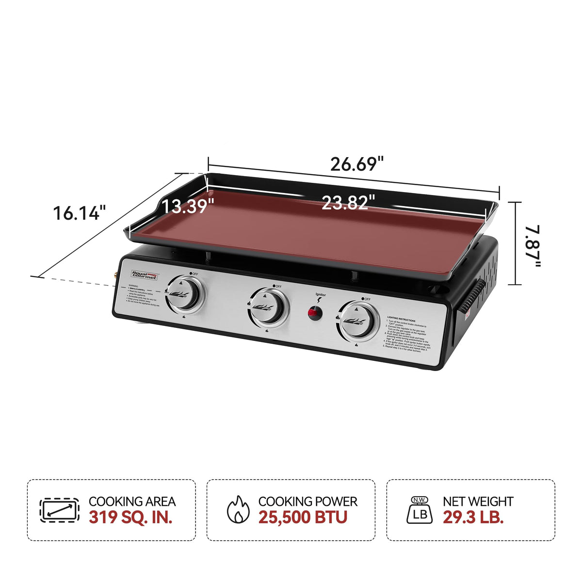 Royal Gourmet PD1301S Portable 24-Inch 3-Burner Table Top Gas Grill Griddle with Cover, 25,500 BTUs, Outdoor Cooking Camping or Tailgating, Black
