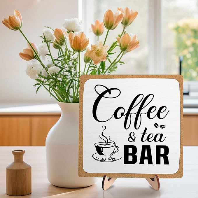 Rustic Coffee & Tea Bar Decor Sign,Funny Wooden Plaque for Cafe Bar,Coffee Station,or Shelf, Farmhouse Kitchen Cafe & Tea Accessories for Home or Office 5.9 x 5.9Inch(White+Brown04)