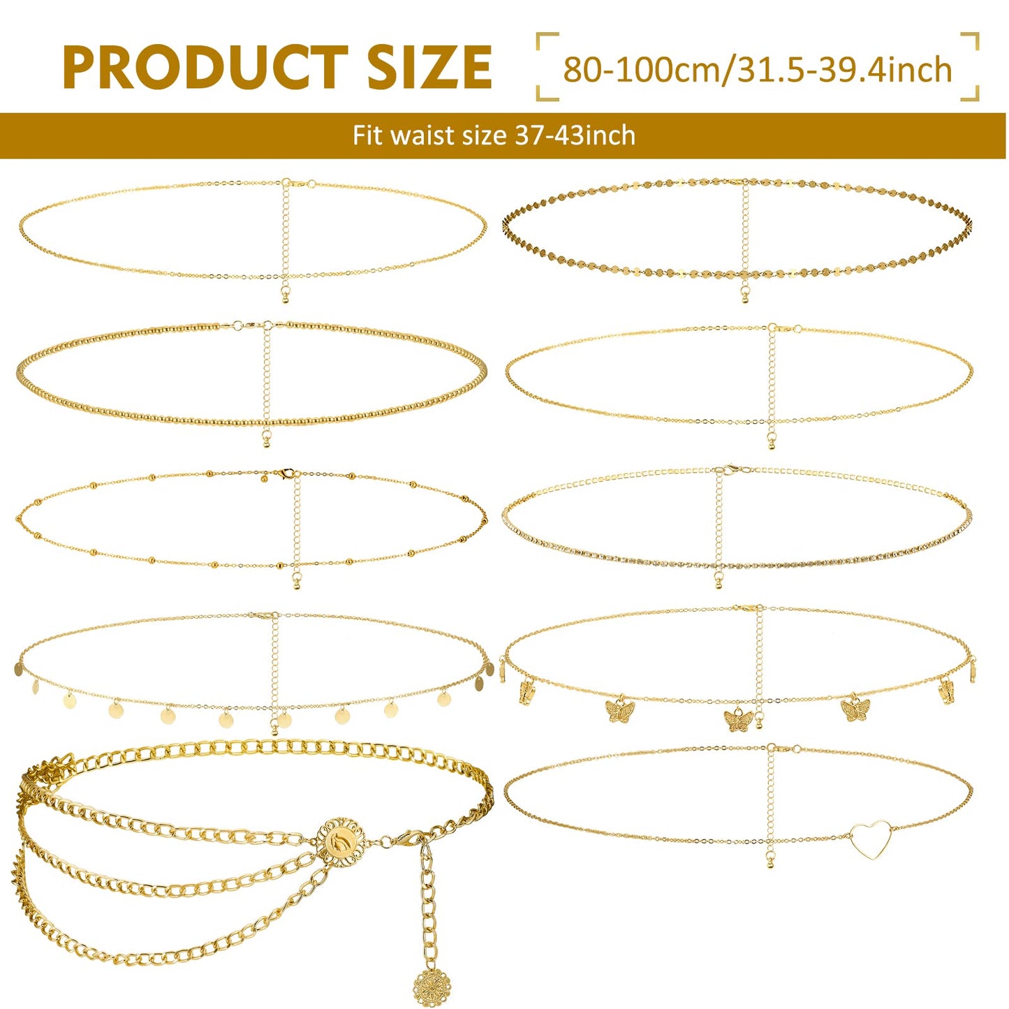 Lenwen 10 Pcs Summer Beach Belly Chain Adjustable Waist Multi Layered Chain Waist Jewelry for Women Girls Multilayer Body(Classic Style,Gold)