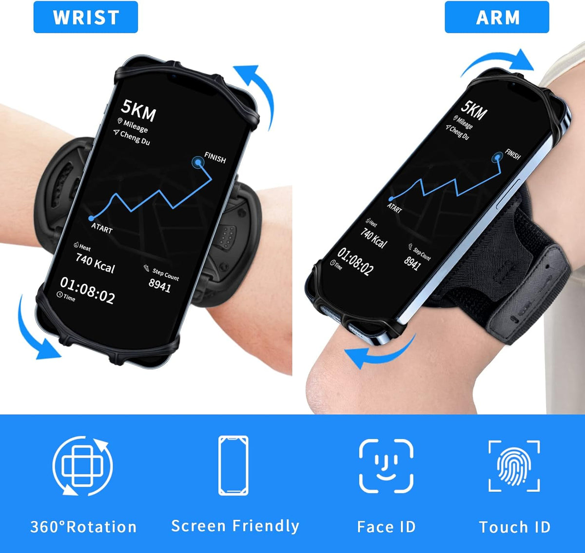 Running Phone Holder Armband for Phone, Detachable & 360°Rotated Sports Armband with Key Pocket for iPhone 16/15/14/13 Pro/12 Pro/XS/XR/8/7/6s Plus, for Samsung Galaxy 4''-6.5'' Cellphone