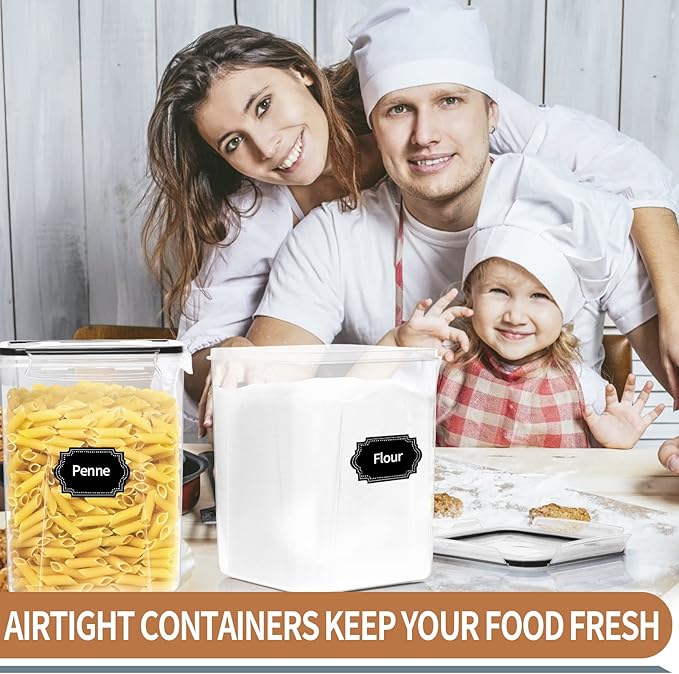 PRAKI Large Airtight Food Storage Containers 5.2L / 195oz, 4pcs Pantry Kitchen Organizers and Storage for Flour, Sugar, Baking Supplies, BPA Free, Plastic Flour Containers with 20 Labels & Maker