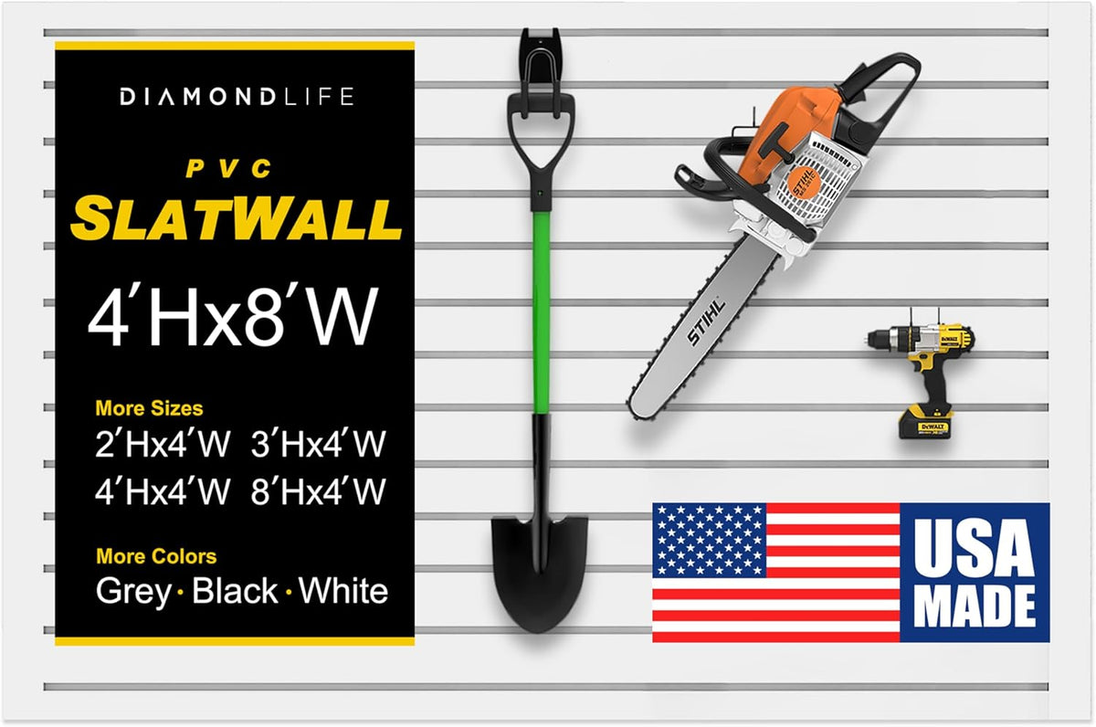 4'H x 8'W Slatwall Panel Garage Wall Organizer: Heavy Duty Wall Mounted PVC Wall Rack, Interlocking Slat Wall Paneling for Garage Wall Storage, Slatwall Board or Slatwall Shelves System - White