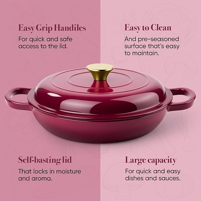 Vintage Style 3 Quart Enameled Cast Iron Braiser, Non Stick Enameled Cast Iron Skillet with Lid, Dutch Oven Skillet with lid up to 500°F for Oven, Stove, Grill, Shallow Dutch Oven for Cook, Bake (Rose)