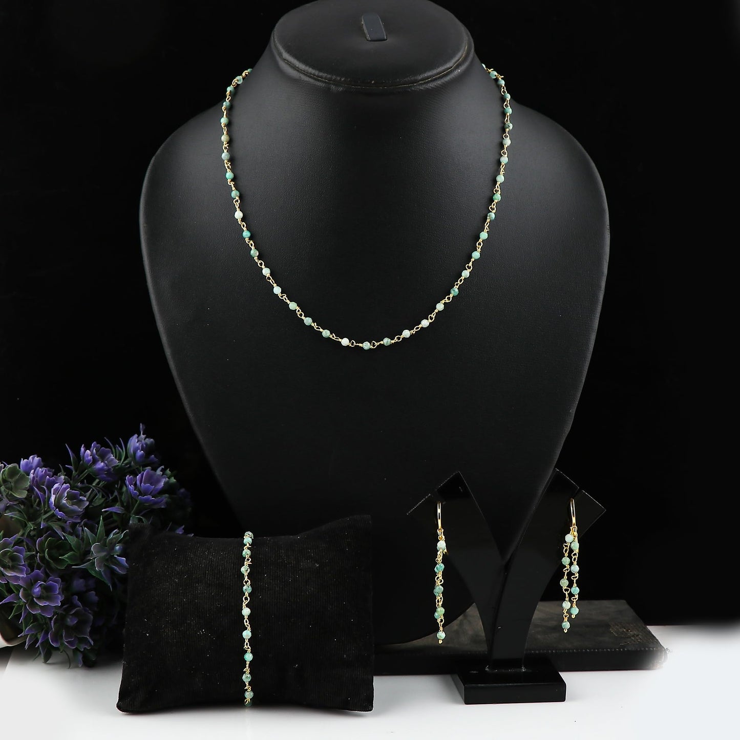 CRYSTALINES (3pcs) Natural Emerald Gemstone Cluster Jewelry Combo Set, 14K Gold Plated, Crystals Beads Rosary Chain, Handmade Bohemian Jewelry - Bracelets, Necklace, Earrings for Women