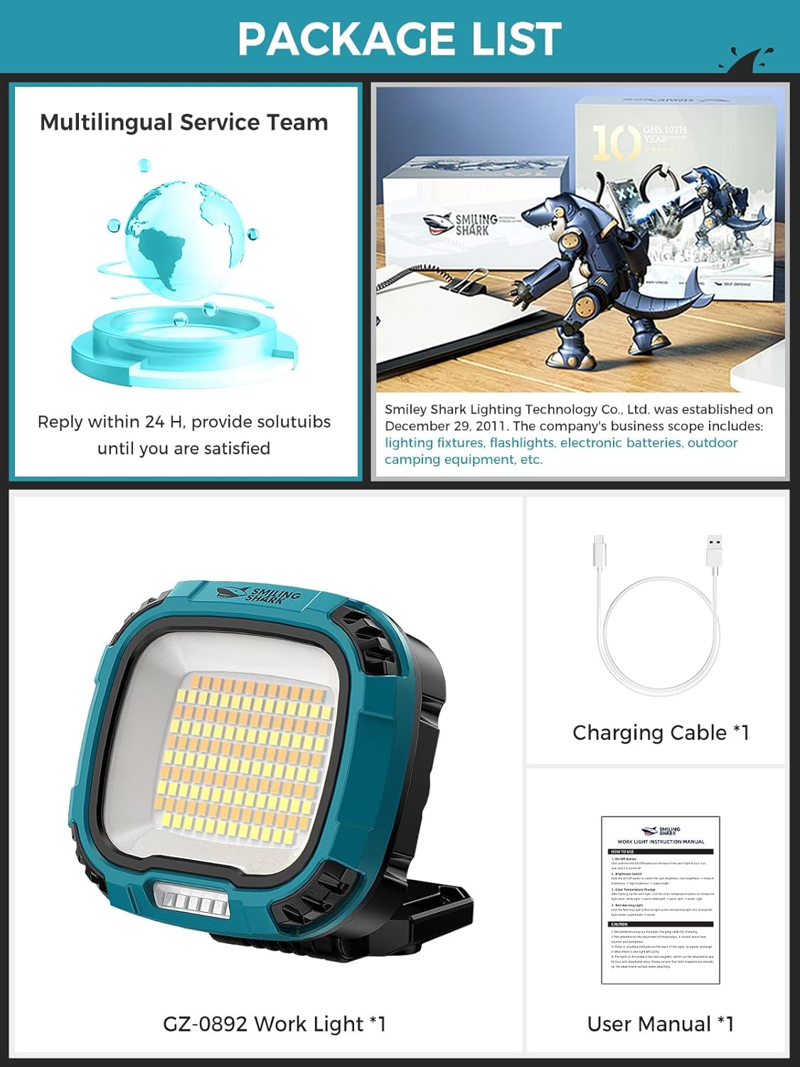 Smiling Shark Working Light, LED Work Light 4000 Lumen 18 Light Mode USB Rechargeable Portable Magnetic Waterproof Drop Resistant Cordless Worklight Job Site Lighting for Garage Repair Camping Outdoor