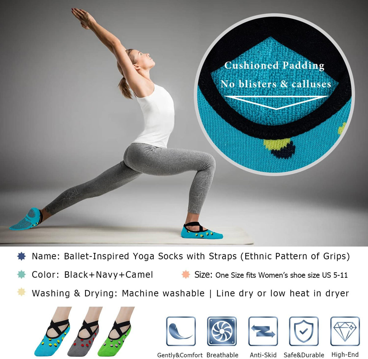 Ozaiic Yoga Socks for Women Non-Slip Grips & Straps, Ideal for Pilates, Pure Barre, Ballet, Dance, Barefoot Workout