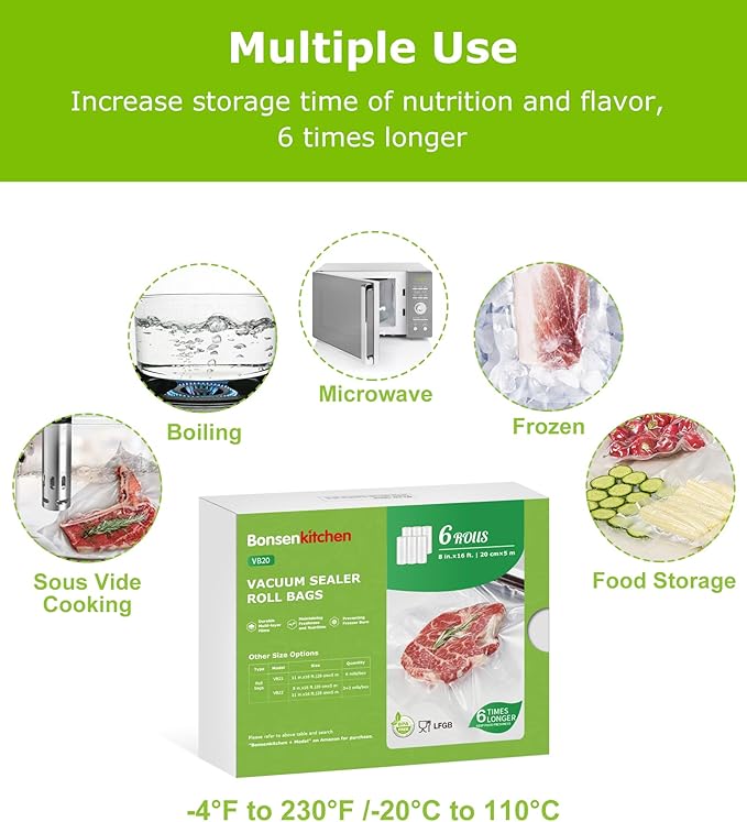 [2025 Upgraded] Bonsenkitchen 6 Rolls 8" x 16' Vacuum Sealer Bags for Food with a Color Box, Easy to Store, Commercial Grade, BPA Free, Great for Food Storage or Sous Vide, VB20