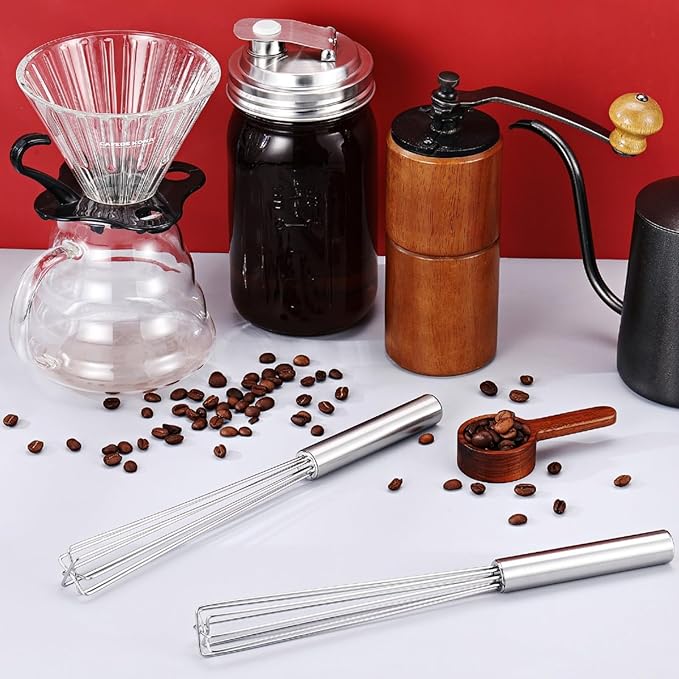 Baderke 2 Pack Espresso Whisk Tool 10.6" Long Handle Mini Whisk for Coffee Stirring Stainless Steel Silver Triangular Design Fit Coffee Chocolate Milk, Mixing Tool for Commercial Home Use