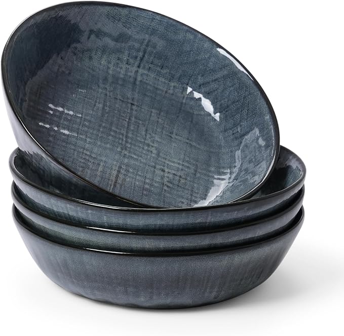 famiware Moonlight 8.5 Inch Pasta Bowls Set of 4, 32oz Serving Bowls for Kitchen, Soup Bowl with Linen Finish, Large Stoneware Bowls for Festivals, Housewarming, Dinnerware, Dark Blue