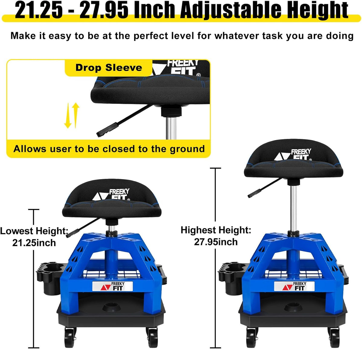 Rolling Shop Stool for Garage with Casters, DO02-Adjustable Height 360° Swivel Shop Seat with Tool Tray Storage, 330 LBS Capacity Padded Mechanic Stool, Magnetic Tool Hold, Heavy Duty, Blue