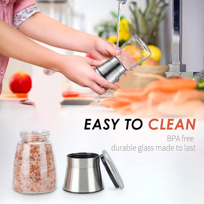 Ebaco Salt and Pepper Grinder Set - Refillable Grinder Adjustable Coarseness of Pepper Salt Spice Stainless Steel Mills Glass 6oz（2 Pack）