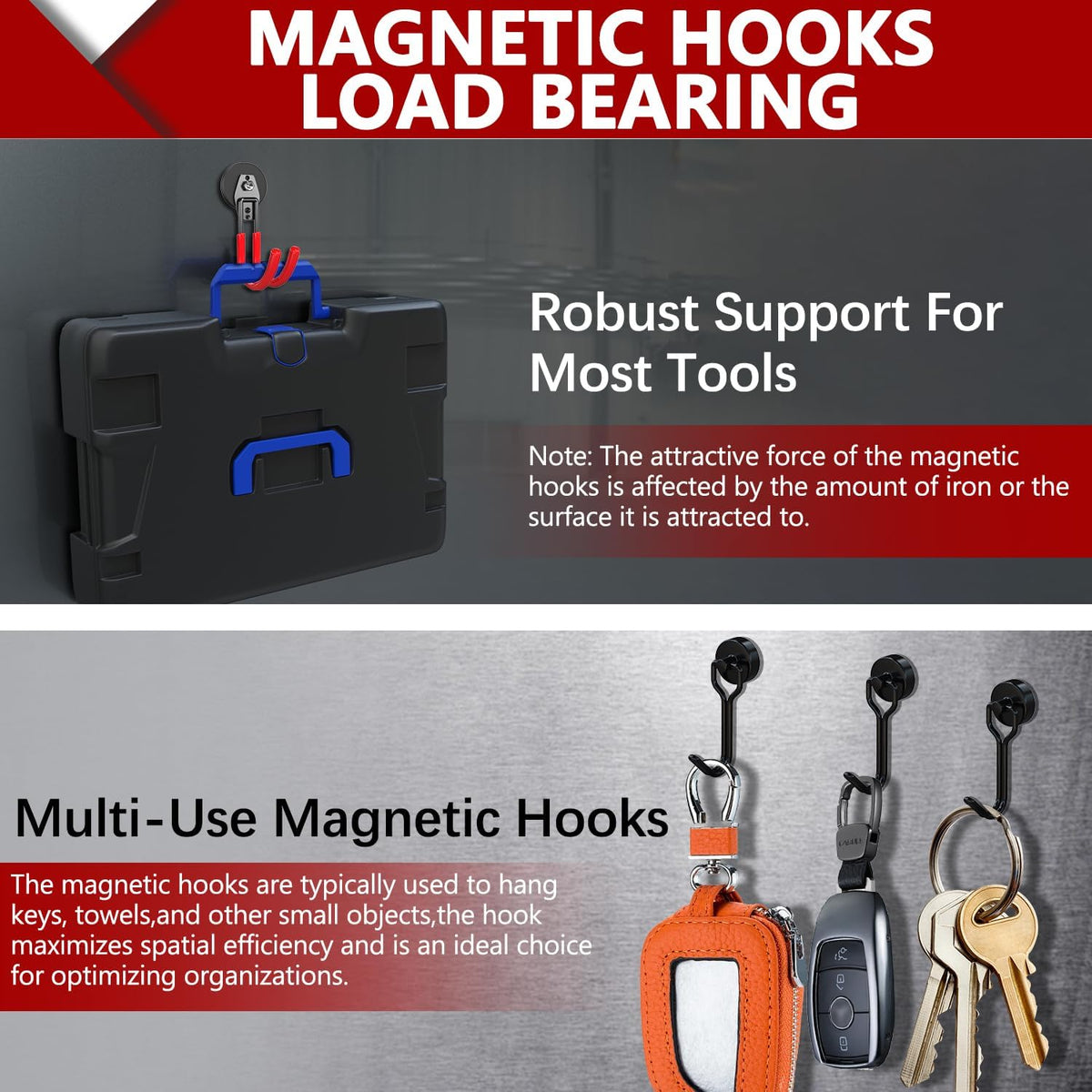 3-H Heavy Duty Magnet Garage Hooks 2 Pack, J Shape Strong Magnetic Hooks for Hanging Cordless Power Drill, Utility Magnetic Tool Holder for Metal Cabinet, Steel Pegboard, Toolbox, Garage(Red)