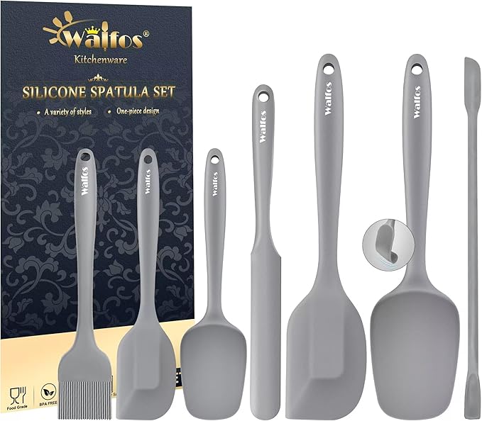 Walfos Silicone Spatula Set (7pcs) - 600℉ Heat Resistant Silicone Scraper Spatulas with Stainless Steel Core, Non Stick Flexible Rubber Spatula for Cooking, Baking and Mixing, Gray
