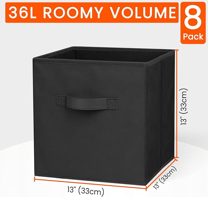 Criusia Large Storage Cubes - 13 Inch Heavy Duty Fabric Storage Bins for Shelves Closet, Cube Organizer - 8 Pack Collapsible Cube Storage Bins Baskets for Organizing Clothes Blankets Toys (Black)