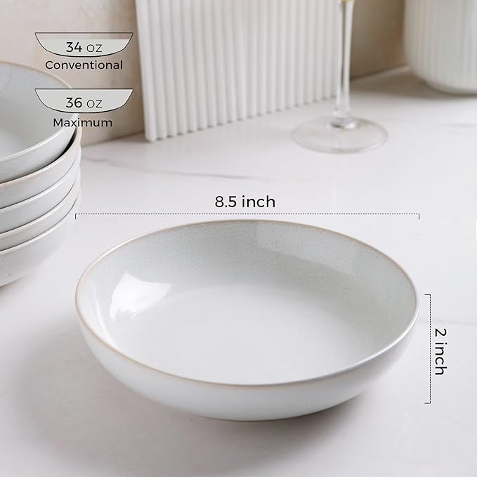 AmorArc 8.5'' Large Ceramic Pasta Bowls, 36oz Stoneware Pasta Serving Bowls Set of 6 for Kitchen, Wide Bowls for Pasta,Salad,Oatmeal, Microwave Safe, Reactive-Color