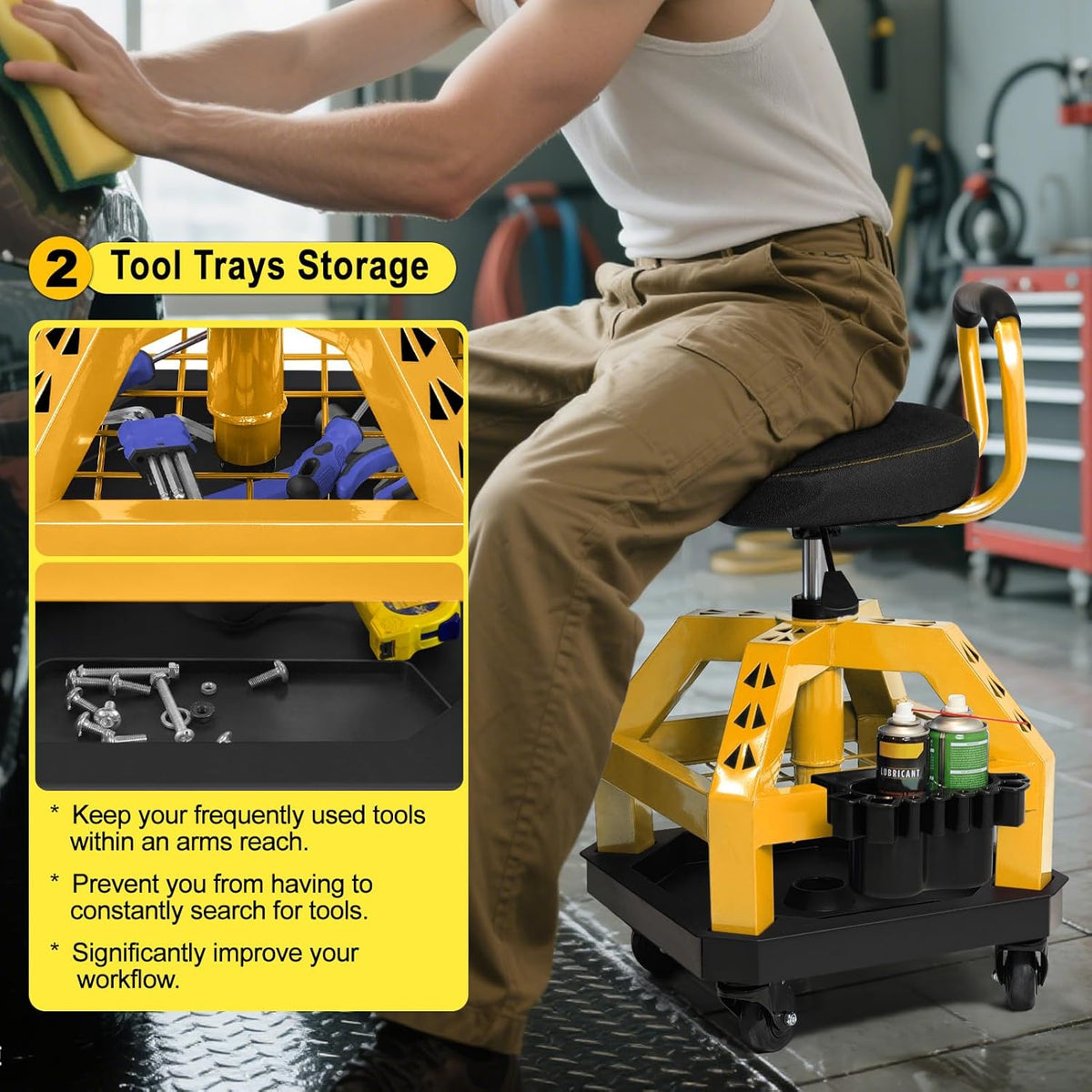 Rolling Shop Stool with Wheels, Heavy Duty Garage Work Mechanic Stool with Backrest, Adjustable Height 360°Swivel Rolling Chair with Tool Tray Storage, 330 LBS Capacity, Yellow