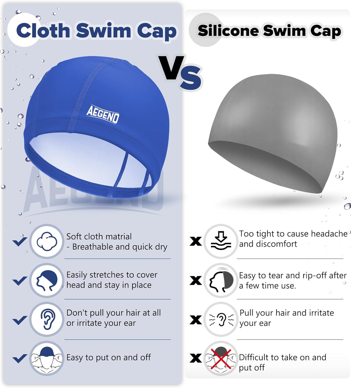 Aegend Fabric Swim Cap, Silicone Waterproof Layer - Breathable Cloth Swimming Cap, Keep Hair Dry with Hight Elasticity for Youth(8-16) Adult, 2 Sizes to Choose