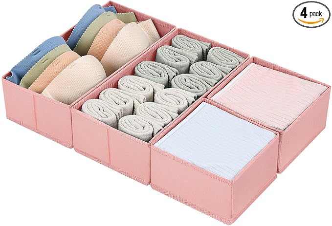 DIMJ Drawer Organizers for Clothing, Set of 4 Dresser Drawer Organizers, Fabric Closet Organizers and Storage, Drawer Dividers for Baby Clothes, Socks, Belt, Tie (Pink)