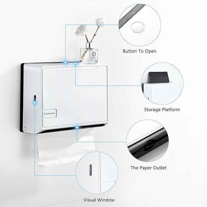 Paper Towel Dispenser for Home Bathroom: Modunful White ABS Multifold Paper Holder with Viewing Window & No-Drill Installation