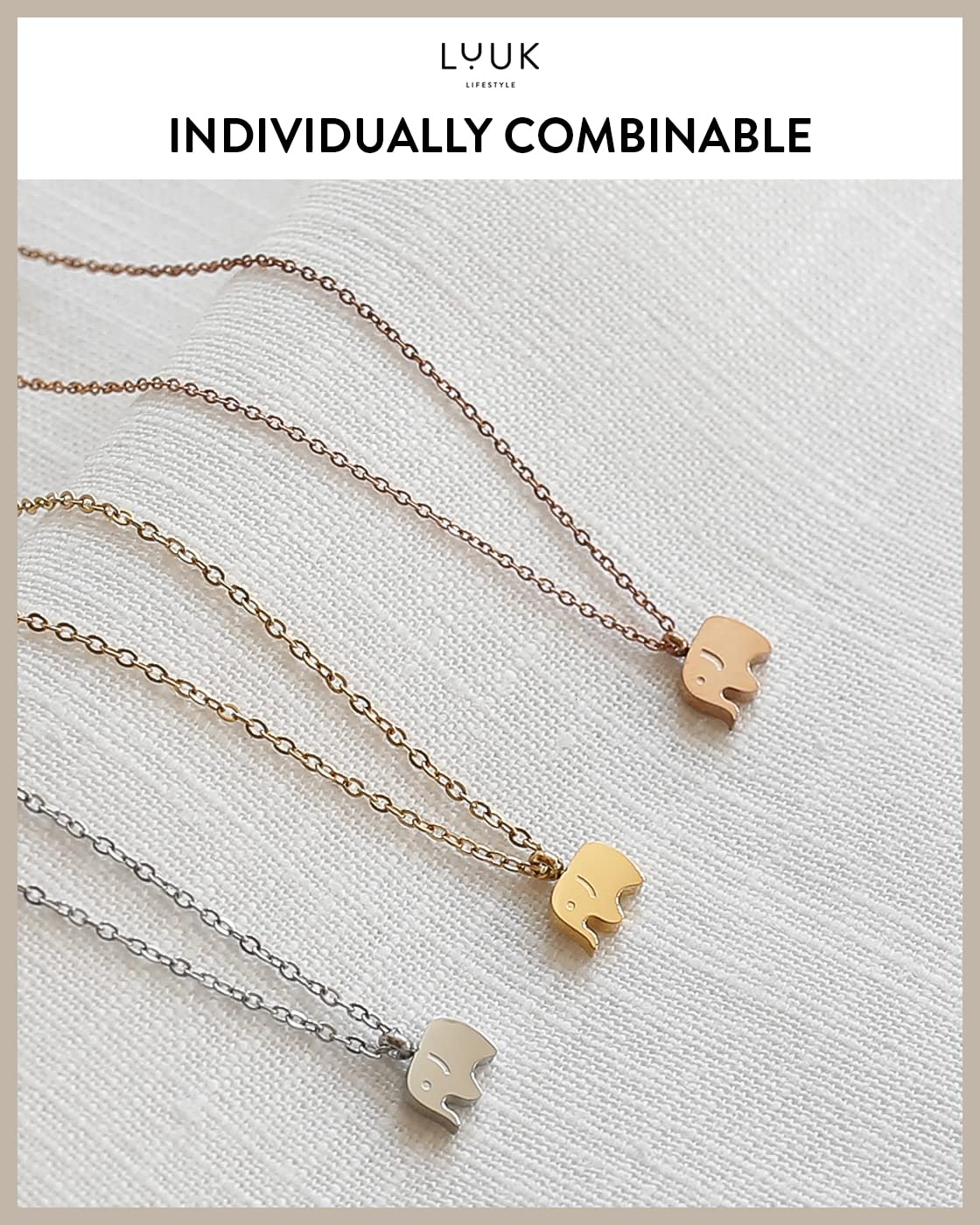 LUUK LIFESTYLE Necklace for women with elephant pendant and HAPPINESS gift card, chic and modern jewelry, stainless steel, feminine fashion for festival, special occasions, trendy look, silver