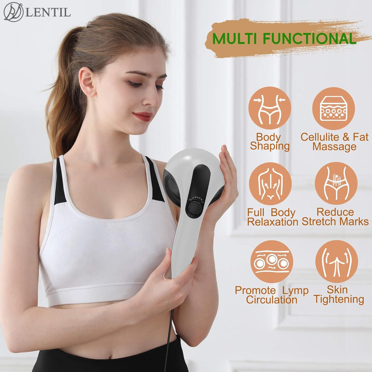 Body Sculpting Machine - 7-Speed 8-Head Electric Cellulite Massage & Lymphatic Drainage Device with Lipo Roller, Handheld Full-Body Massager Vibra for Belly, Butt, Arms, Legs, Home Use(White)