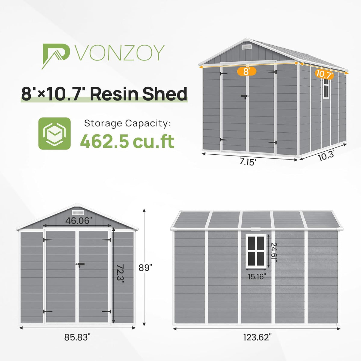 Resin Outdoor Storage Shed with Floor, 8x10.5 FT Plastic Garden Shed with Lockable Door & Window for Bike, Garbage Can, Lawn Mower, Grey White