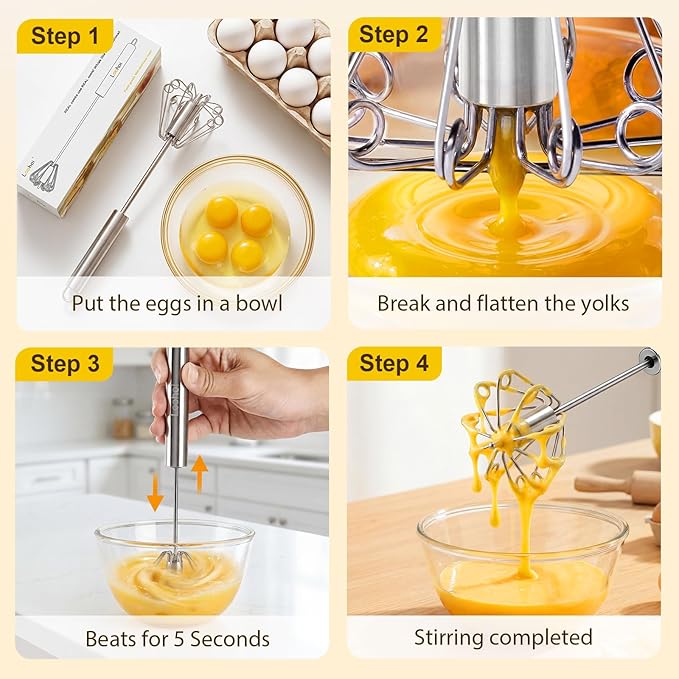 Upgraded Stainless Steel Semi-Automatic Whisk - Easy to Use Whizzy Whisk, Versatile Wisker Tool for Cooking, Kitchen Essential Egg Beater for Baking, Whisking, Beating & Stirring (10in）