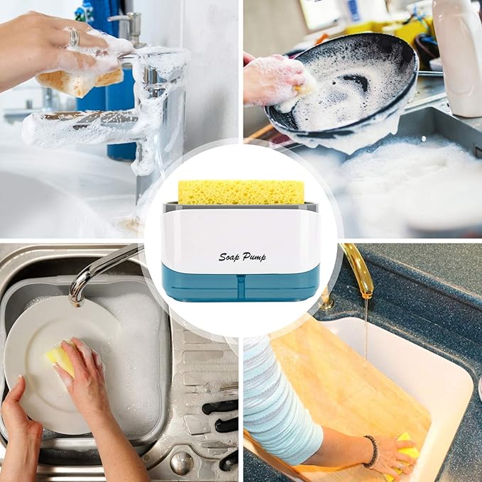 Kitchen Dish Soap Dispenser with Sponge Holder, 2-in-1 Countertop Soap Pump Dispenser, for Kitchen Sink Dishwashing Soap Dispenser - 12.5 Ounces