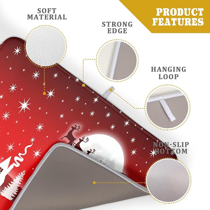 Christmas Reindeer Moon Star Red Dish Drying Mat for Kitchen Counter,White Xmas Tree Castle Drying Mat 18 x 24 Inch with Absorbent Reversible Microfiber Dish Drying Pad for Coffee Bar