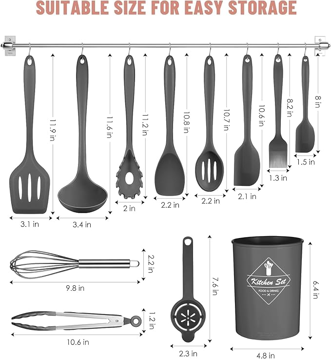 Kitchen Utensils Set-12 Pieces Silicone Cooking Utensils Set (Dishwasher Safe) 392°F Heat Resistant Spatula Set, Nonstick Cookware