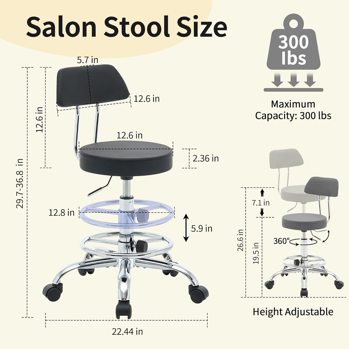 Rolling Stool with Back,Adjustable Height Foot Rest Rolling Salon Chair 19.5’’-26.6’’,Black Ergonomic Stool (Black)