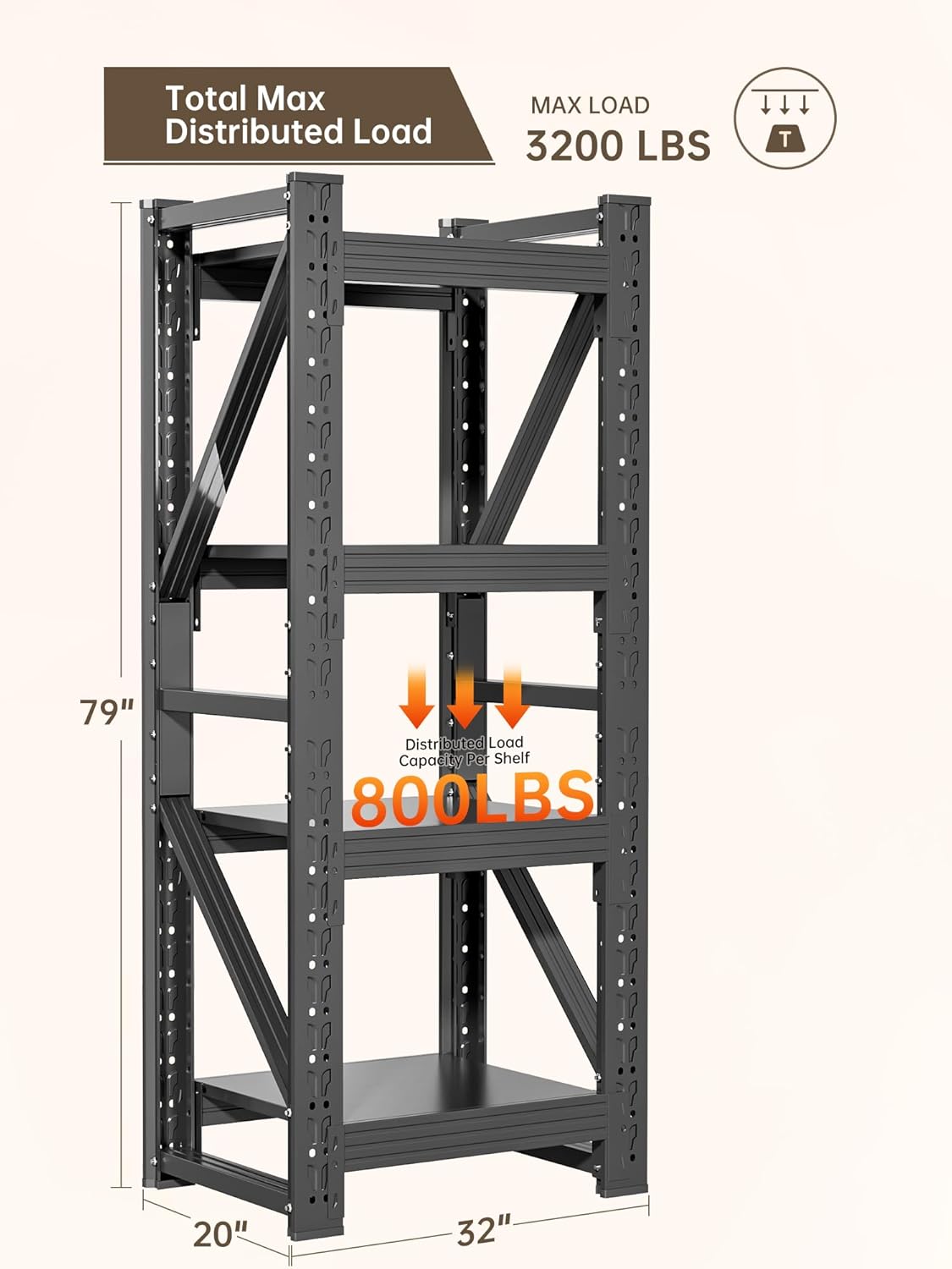4-Tier Storage Shelves,79" H Heavy-Duty Garage Shelving Unit,Adjustable Industrial Metal Shelf System,3,200lbs Capacity,Tool Organizer for Garage,Workshop,32" W*20" D*79" H,Black