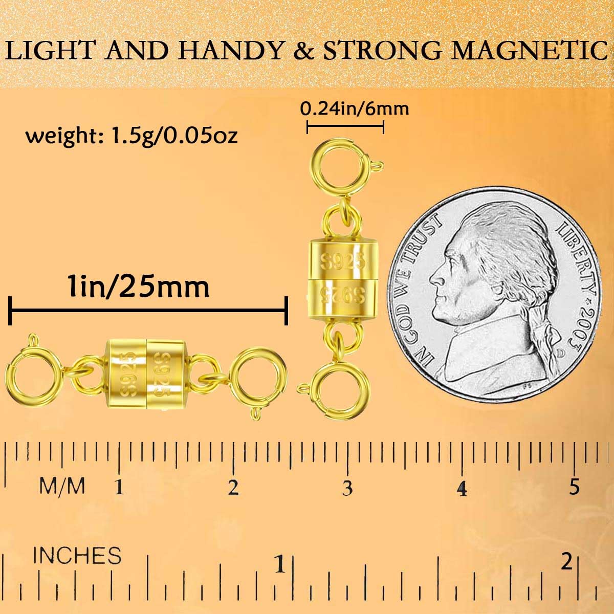 925 Silver Magnetic Necklace Clasps, Magnetic Necklace Clasps and Closures for Bracelet Necklace Extender (2pcs Gold)