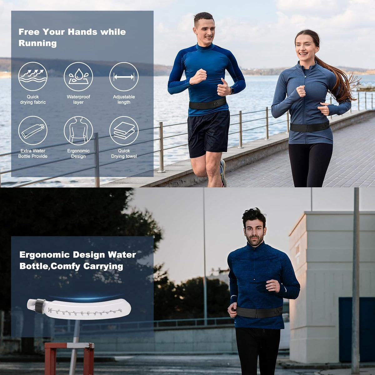 Running Belt for Women and Men, Water Proof Running Belts Fanny Pack with Water Bottle,Slim Hydration Running Bag Belts with Phone Bottle Holder Adjustable Fit for Runner (Black, Large)