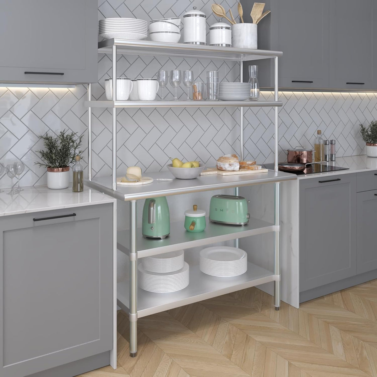 Amgood Stainless Steel Work Table with 2 Shelves | Metal Kitchen Prep Table & Shelving Combo (24" x 48" Table with 2 Shelves + 18" Overshelf)
